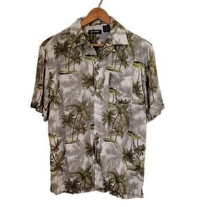 Puritan White & Green Palm Tree Button Up‎ Tropical Shirt Vacation Summer - S